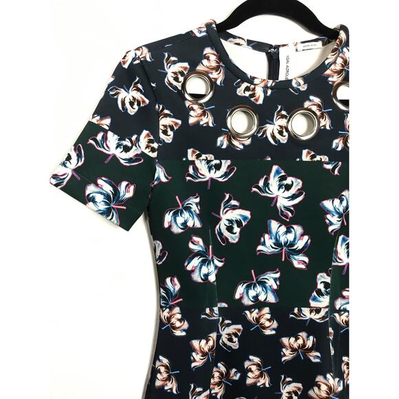 Yigal Azrouel Scuba Knit Floral Midi Dress Grommets Flattering Women's 2 - Picture 6 of 14